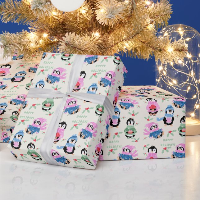 Papel de embrulho de Natal com padrão de pinguins  (Feriados)