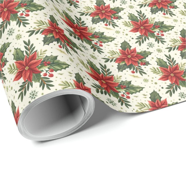Papel de embrulho de Natal com poinsétia country (Ponta do rolo)