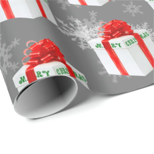 Papel de embrulho de Natal com presentes e flocos