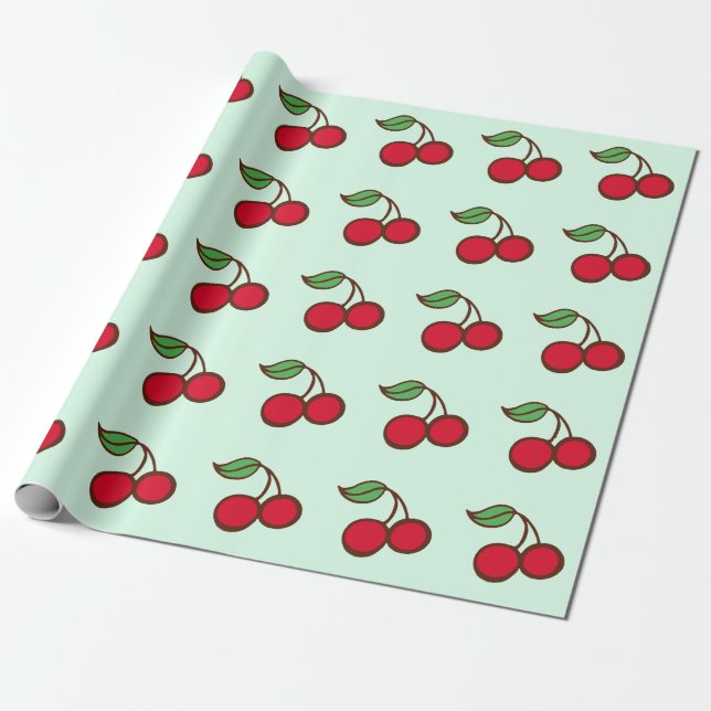 Papel de embrulho de Natal de cerejas verde menta (Desenrolado)