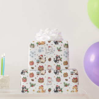 Papel de embrulho de Natal de gato em aquarela