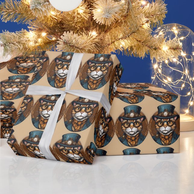 Papel de embrulho de natal de gato steampunk (Feriados)