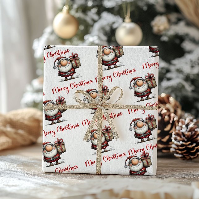 Papel de embrulho de Natal divertido e alegre do P (Humorous Playful Santa Cartoon Wrapping Paper)