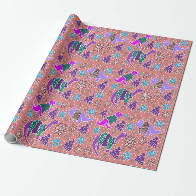 Papel de embrulho de Natal do Dinossauro Roxo (Desenrolado)