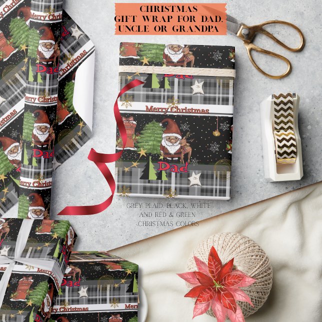Papel de embrulho de Natal do Papai Noel de xadrez (Gray Plaid Santa Christmas Wrapping Paper for Dad)