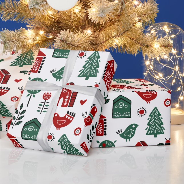 Papel de embrulho de Natal escandinavo vermelho e  (Feriados)