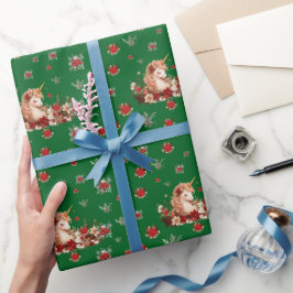 Papel de embrulho de Natal Floral Unicórnio Verde