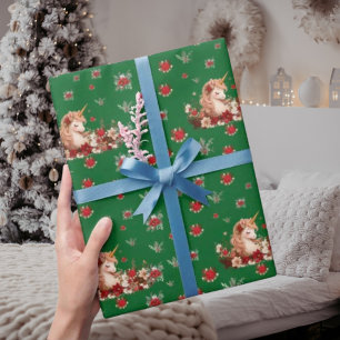 Papel de embrulho de Natal Floral Unicórnio Verde 