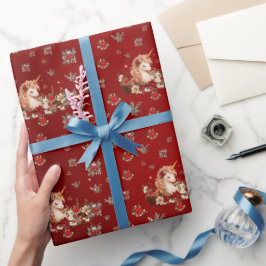 Papel de embrulho de Natal Floral Unicórnio Vermel