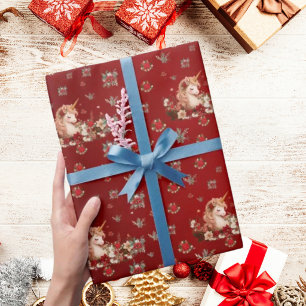 Papel de embrulho de Natal Floral Unicórnio Vermel