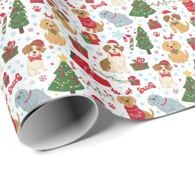 Papel de embrulho de Natal fofo com cachorros de f (Ponta do rolo)