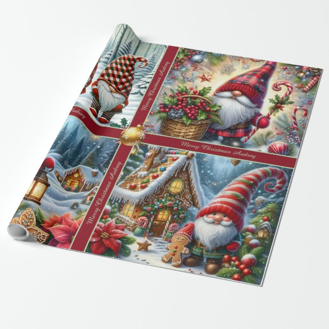 Papel de embrulho de Natal fofo com Gnomos e texto (Desenrolado)