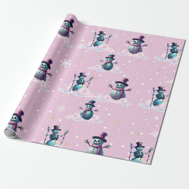 Papel de embrulho de Natal Gótico Pink Snowmen (Desenrolado)