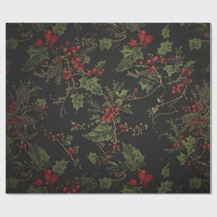 Papel de embrulho de Natal Holly Gótico   Floral d