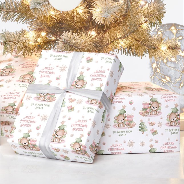Papel de embrulho de Natal Menina Nome Urso Rosa (Christmas wrapping paper Girl Name Pink Bear)