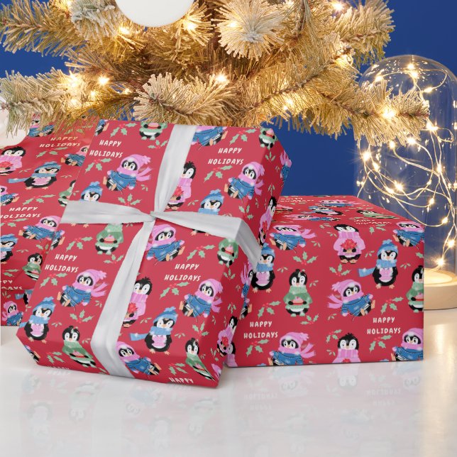 Papel de embrulho de Natal Penguins Crew Vermelho (Feriados)