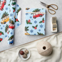 Papel de embrulho de Natal retrô com carros e árvo
