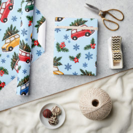 Papel de embrulho de Natal retrô com carros e árvo