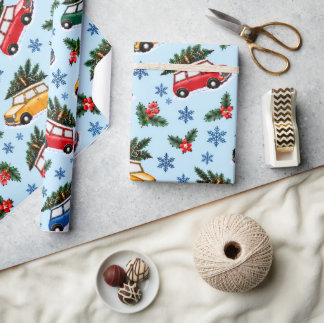 Papel de embrulho de Natal retrô com carros e árvo