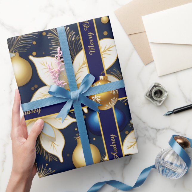 Papel de embrulho de Natal Royal Blue com texto (Presentear)