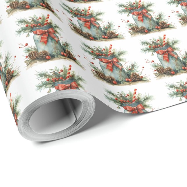 Papel de embrulho de Natal rústico com laço vermel (Ponta do rolo)
