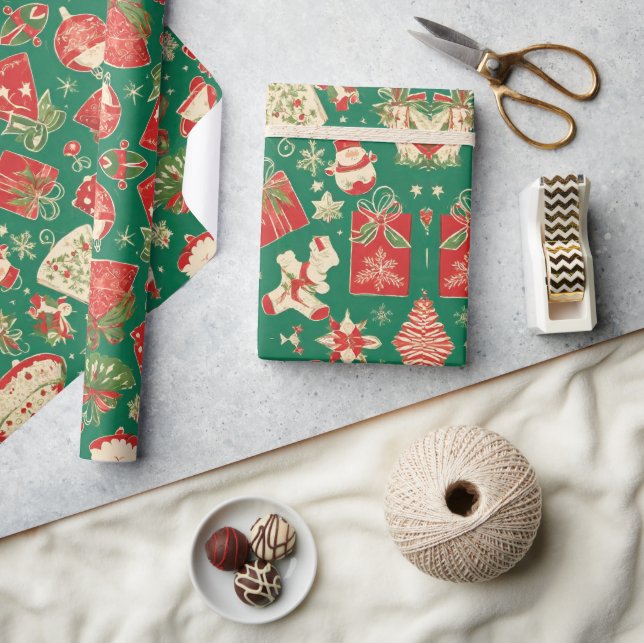 Papel de embrulho de Natal verde com padrão de pre (Artesanato)