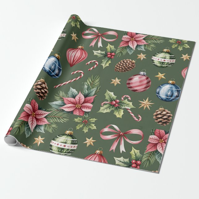 Papel de embrulho de Natal Verde Retro (Desenrolado)