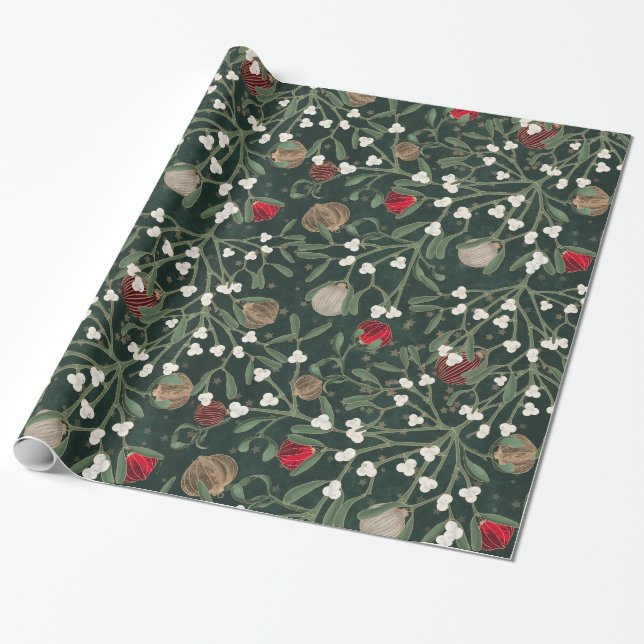 Papel de embrulho de Natal Visco Verde & Enfeite (Desenrolado)