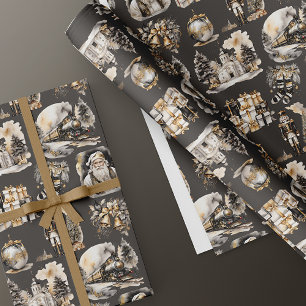 Papel de embrulho de Natal vitoriano, preto e Dour