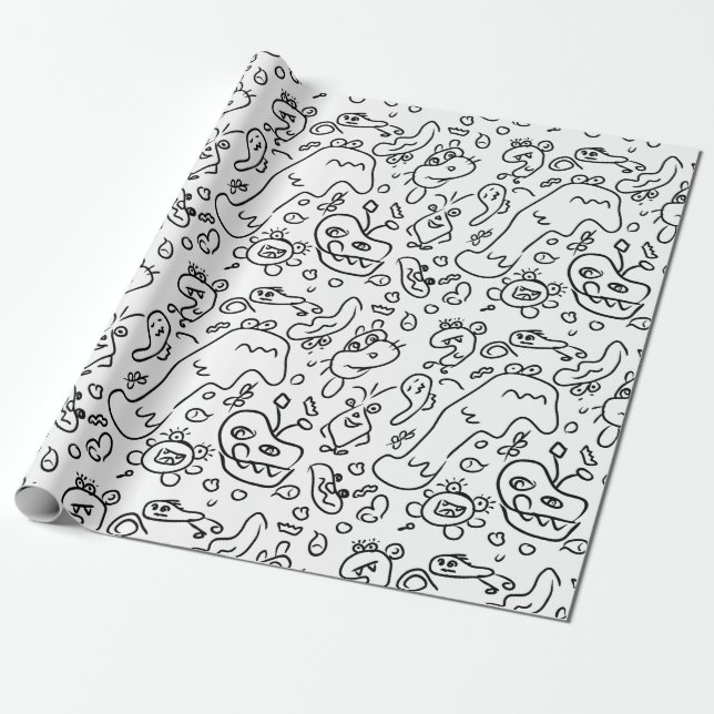 Papel de embrulho de padrão de rabisco preto e bra (Desenrolado)