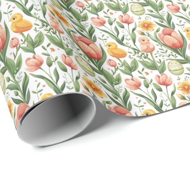 Papel de embrulho de Páscoa com Frangos e Tulipas (Ponta do rolo)