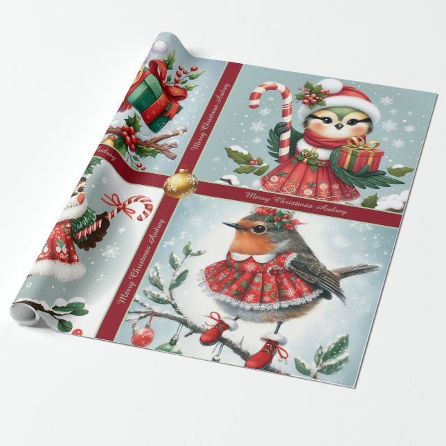 Papel de embrulho de pássaros de Natal fofos (Desenrolado)