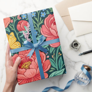 Papel de embrulho de peônias borboletas boho abstr
