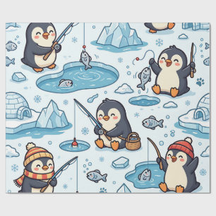 Papel de embrulho de pinguim pescando – Padrão fof