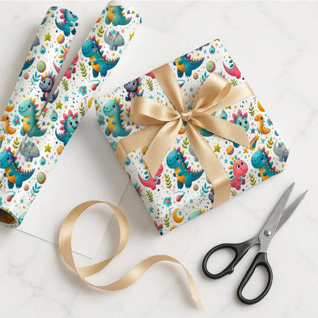 Papel de embrulho de presente com dinossauro bebê  (Cute Baby Dinosaur Teal Dino Gift Wrapping Paper)
