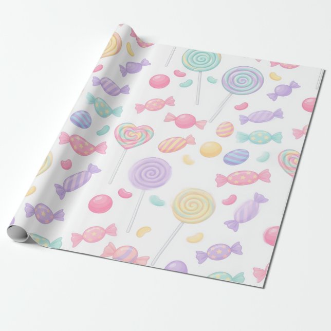 Papel de embrulho de presente com doces pastéis (Desenrolado)