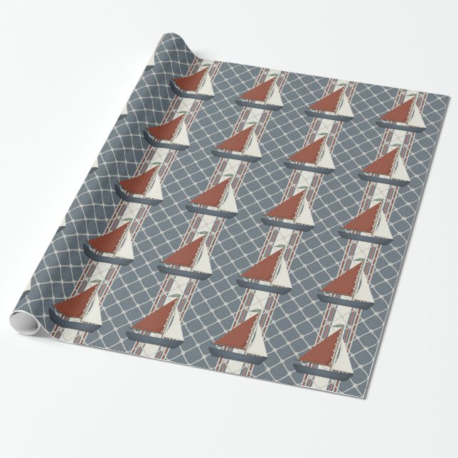 Papel de embrulho de veleiro vermelho e azul (Desenrolado)