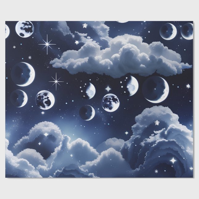 Papel de Embrulho - Design de Lua Celestial Prata (Aberto)