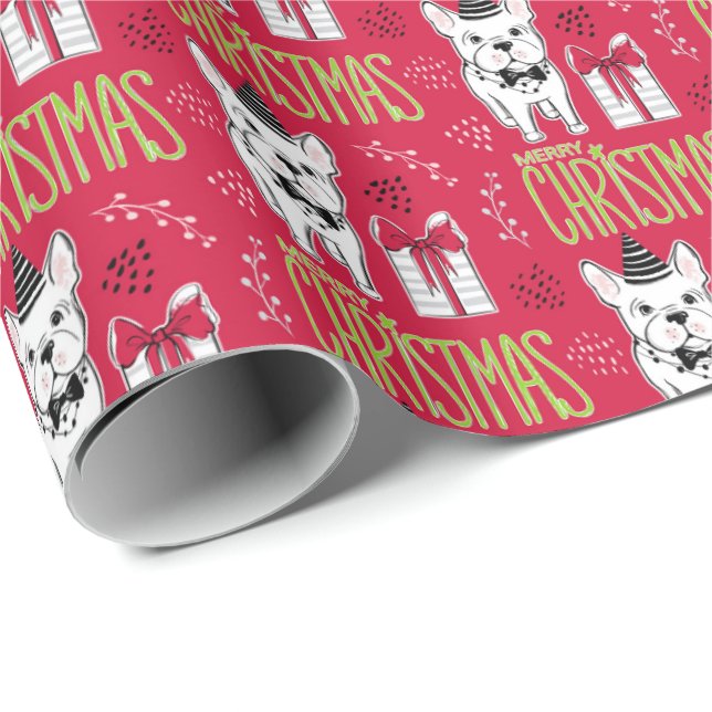 Papel de embrulho do Feliz Natal com o cão de (Ponta do rolo)