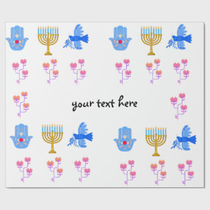 Papel de embrulho do Hanukkah – Menorá, Hamsa, Pom