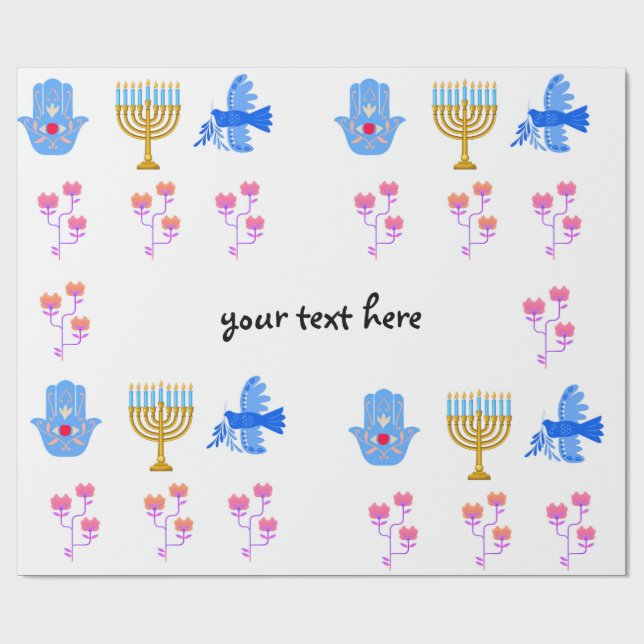 Papel de embrulho do Hanukkah – Menorá, Hamsa, Pom (Aberto)