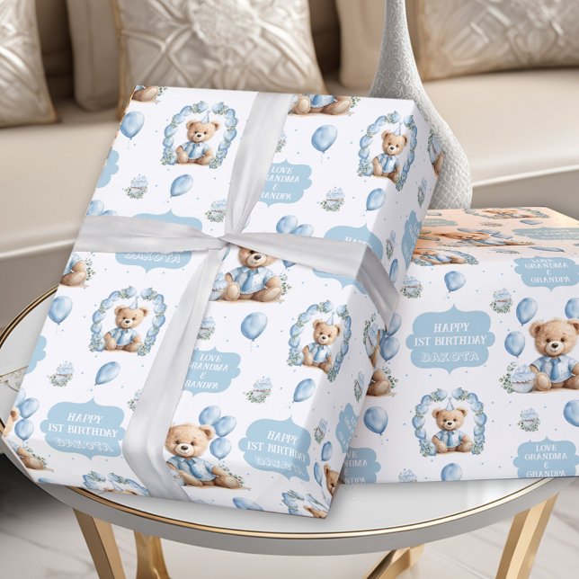 Papel de embrulho do jato azul-javali (Cute Bear Blue Boy Birthday Name Wrapping Paper)