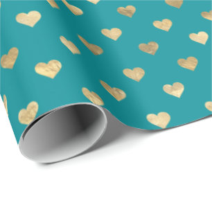Papel de embrulho Dourado de corações em teal