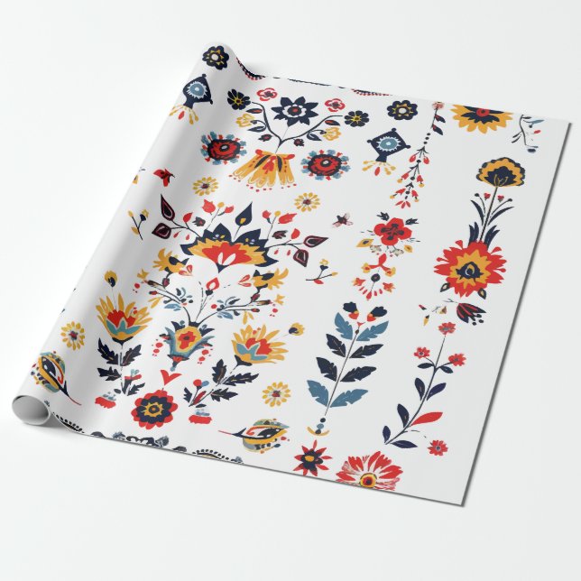 Papel de embrulho elegante com padrão floral folk  (Desenrolado)
