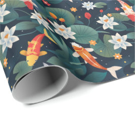 Papel de embrulho Elegante Koi e Nenúfar em Índigo