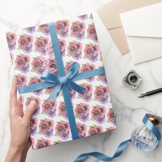 Papel de embrulho em rolo - Girassóis rosa e roxo (Presentear)