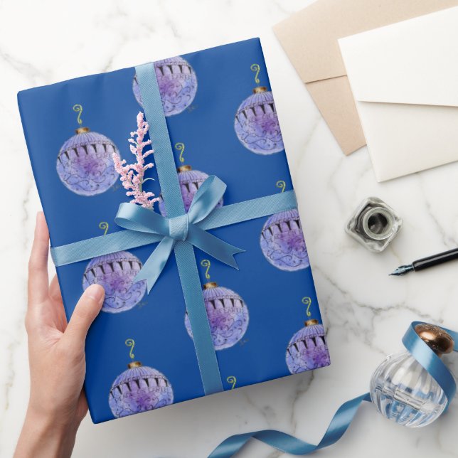 Papel de embrulho - Enfeite de árvore em azul escu (Presentear)