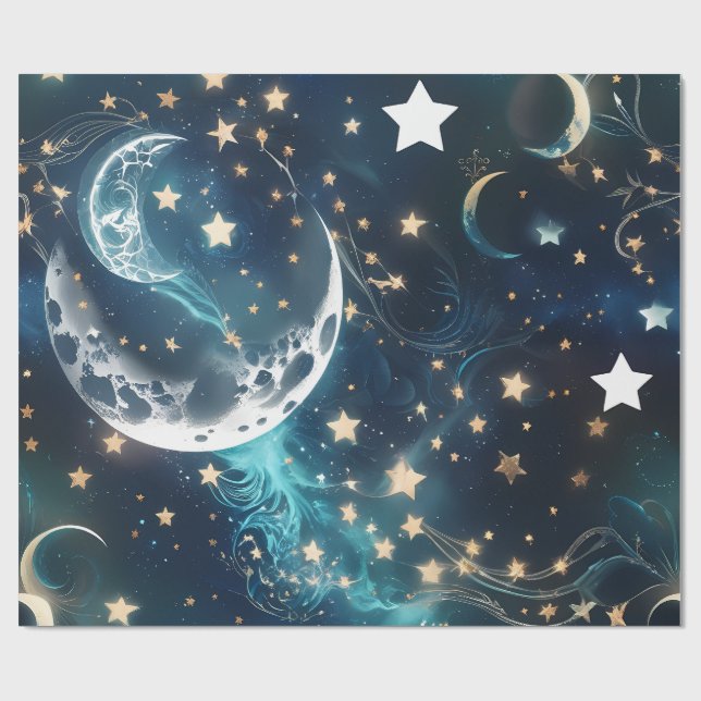 Papel de embrulho – Fases da Lua Azul Gélido (Aberto)
