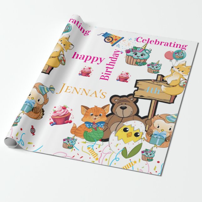 Papel de embrulho Feliz Aniversário Pássaro Raposa (Desenrolado)