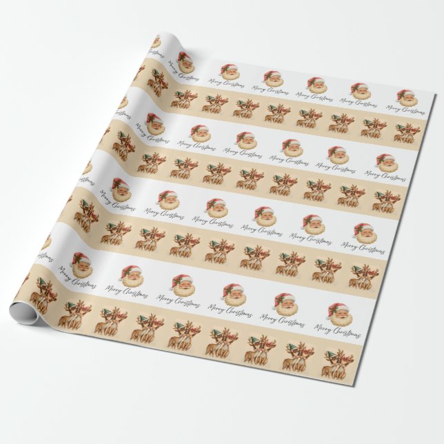 Papel de embrulho Feliz Natal Papai Noel e Rena (Desenrolado)
